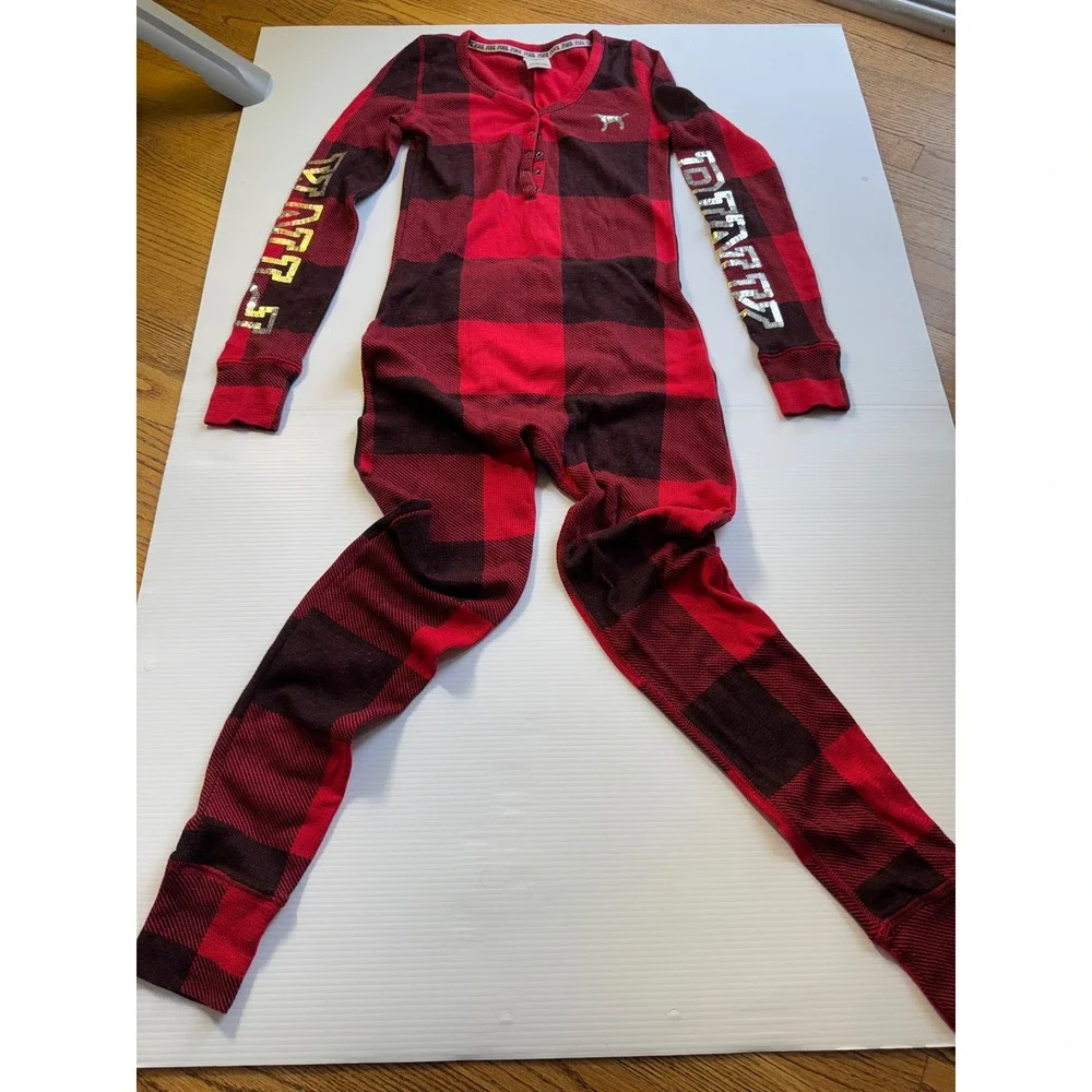 Victoria's Secret PINK Buffalo Plaid Thermal One Piece Pajama Red Black Sequin S